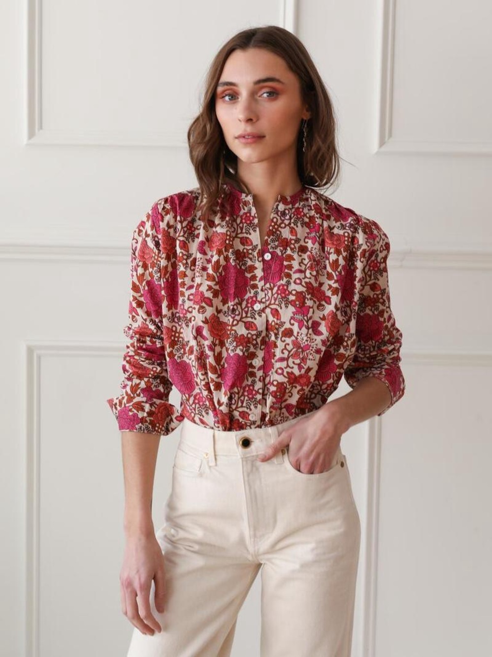 Mille Florian Floral Long Sleeve Button Up Blouse Top Pondicherry Pink XS